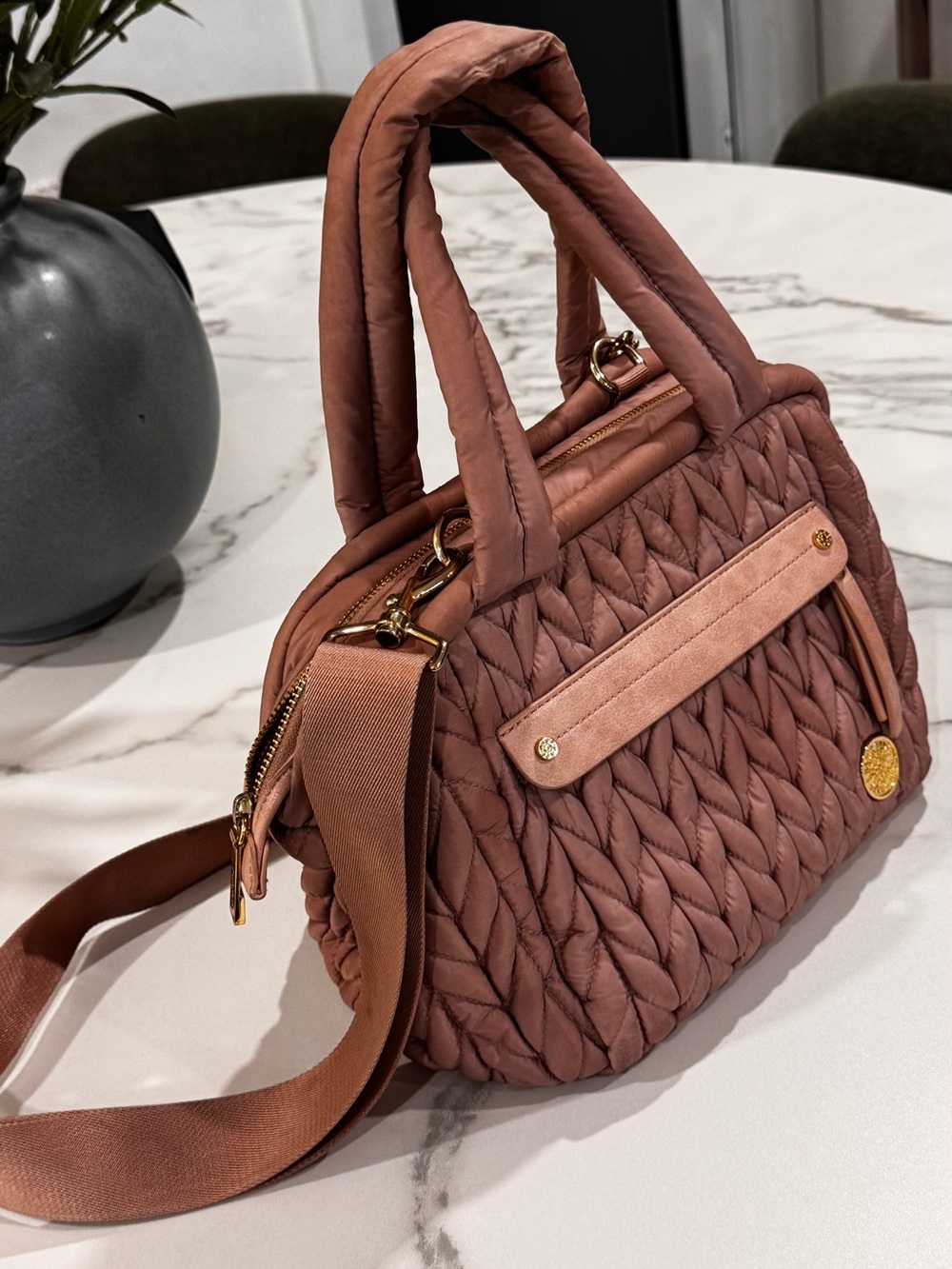 Quilted Braided Shoulder Satchel in Dusty Rose